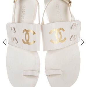 CHANEL White and Gold Logo Sandals